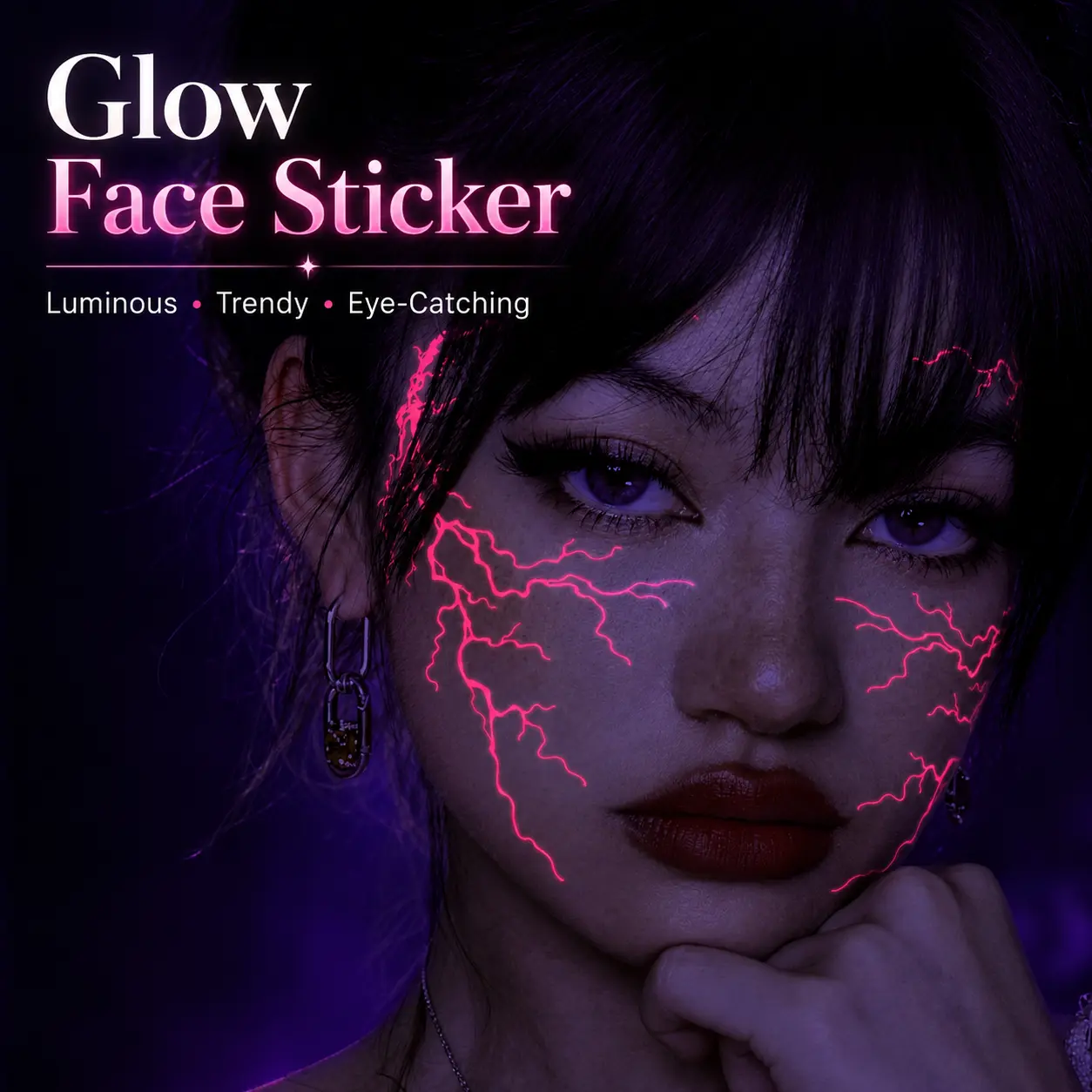 Glow-in-the-Dark Temporary Halloween Face Stickers - 3-Color Fluorescent Pink Lightning Pattern, Full-Face Cosplay Party Accessories for Indoor Recreation