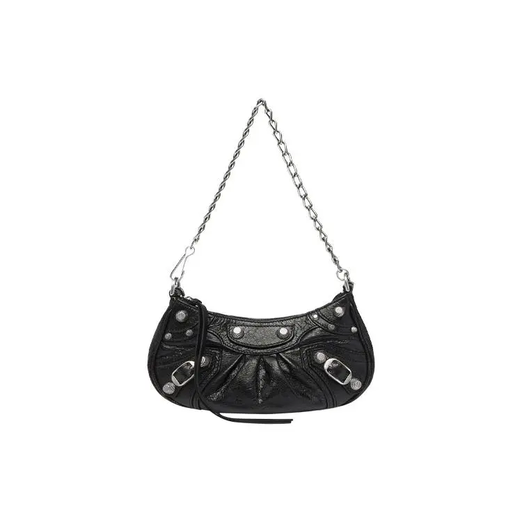 Balenciaga Le Cagole Mini Crossbody Bag for Women, Distressed Silver Hardware, Textured Lambskin, Crescent-Shaped, Black