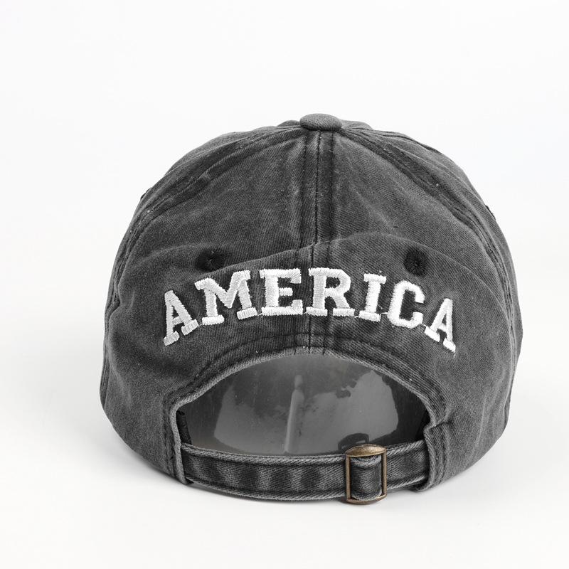 Baseball cap with American flag, pure cotton, letter embroidery, washed and distressed, curved brim, trendy new product