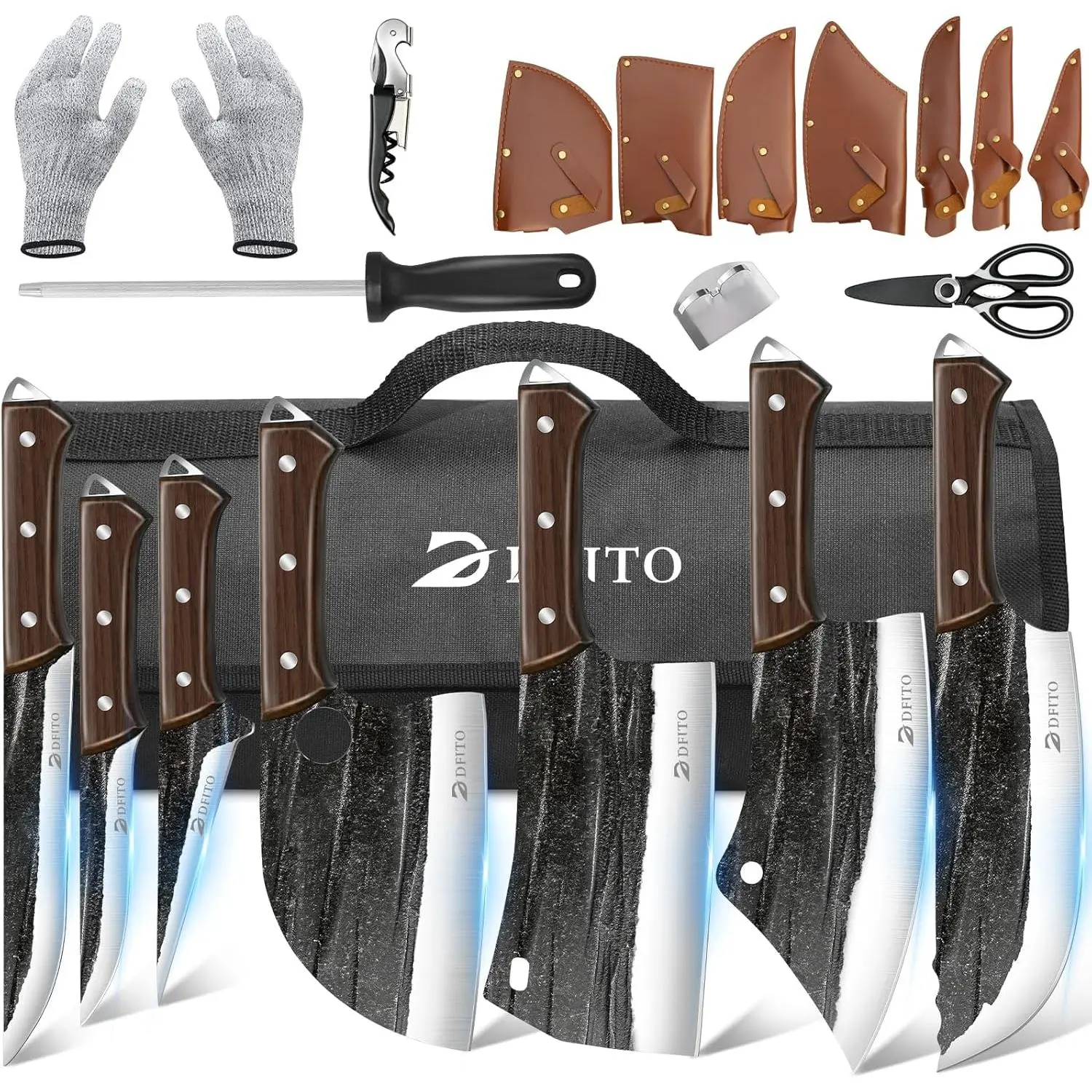 Butcher Knife Set with Roll Bag, 14 in 1 Professional Chef Knife Set, Hand Forged Bone Chopping Knives & Meat Cleaver Knife & Fillet Knives for Home & Camping & BBQ, Gifts for Men Women