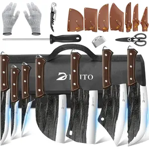 Butcher Knife Set with Roll Bag, 14 in 1 Professional Chef Knife Set, Hand Forged Bone Chopping Knives & Meat Cleaver Knife & Fillet Knives for Home & Camping & BBQ, Gifts for Men Women
