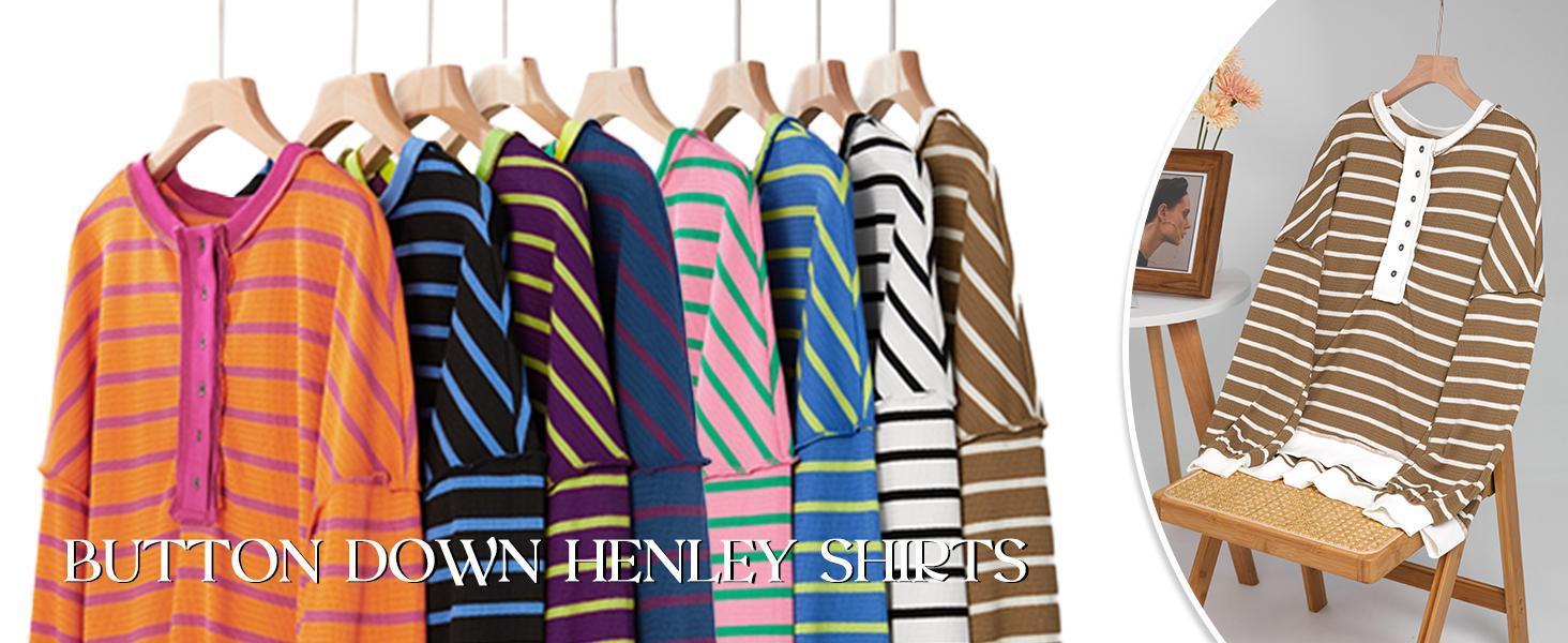 Imily Bela Womens Oversized Striped Sweatshirts Henley Shirts Color Block Casual Pullover Waffle Knit Tops