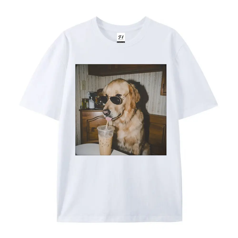 Men's Cotton Crew Neck Short Sleeve T-Shirt - Golden Retriever Iced Coffee Dog Graphic, Funny Retro Polaroid Design, Cute Fashion All Seasons Cold Wash Casual Loose Fit Top For Dog Mom