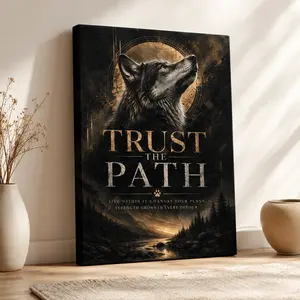Trust The Path Golden Moon River Howling Wolf Vertical Canvas Wall Art, Inspirational Wilderness Quote Poster, Dark Vintage Masculine Home Decor, Available as Unframed Canvas Poster or Framed Canvas Wrap