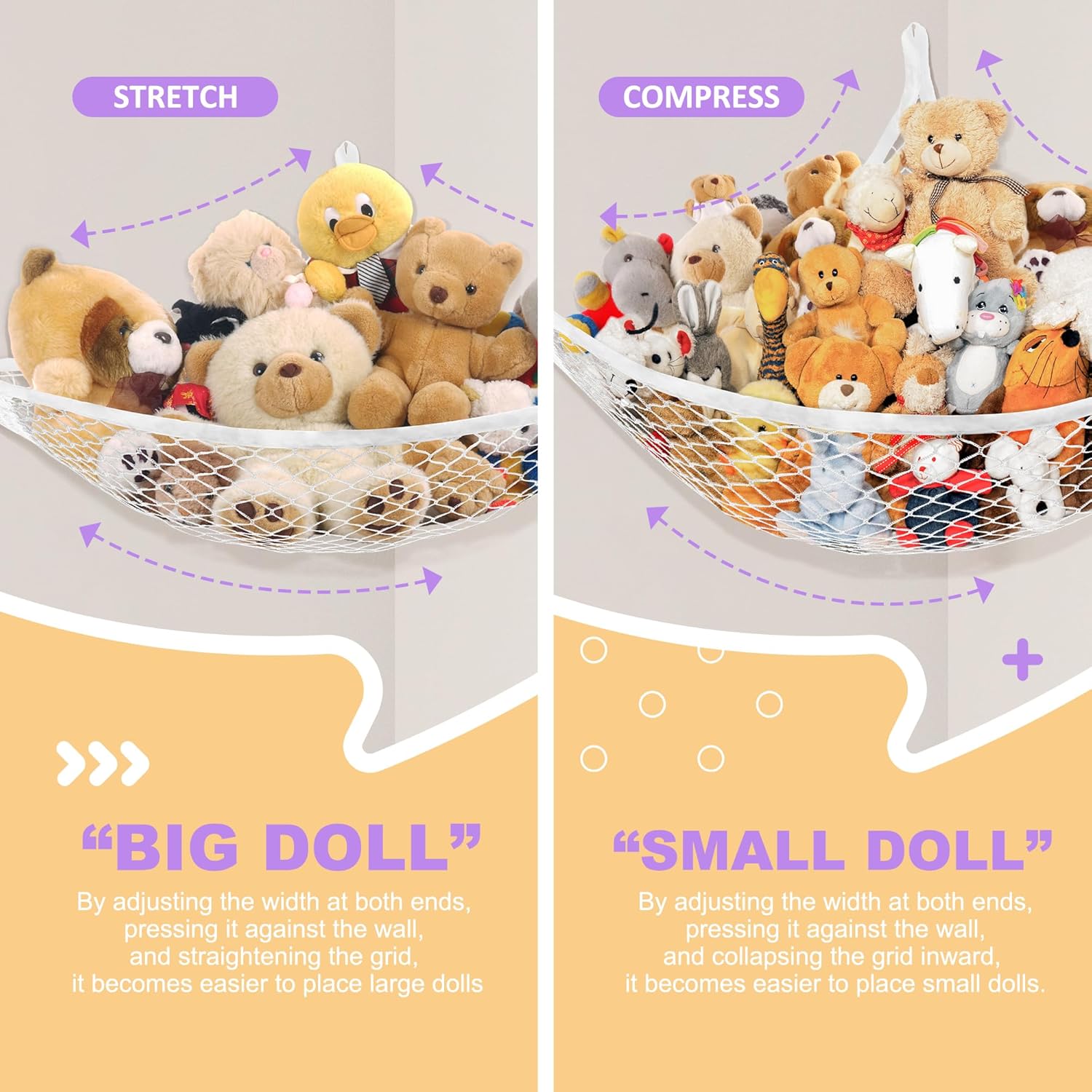 Stuffed  Net Hammock for Plushie Toys, Stuffed  Hammock Corner for ' Room Decor, Ideas for Organizing Stuffy Collection, Easy to hang with Anchors & Hooks, 2 Packs, White