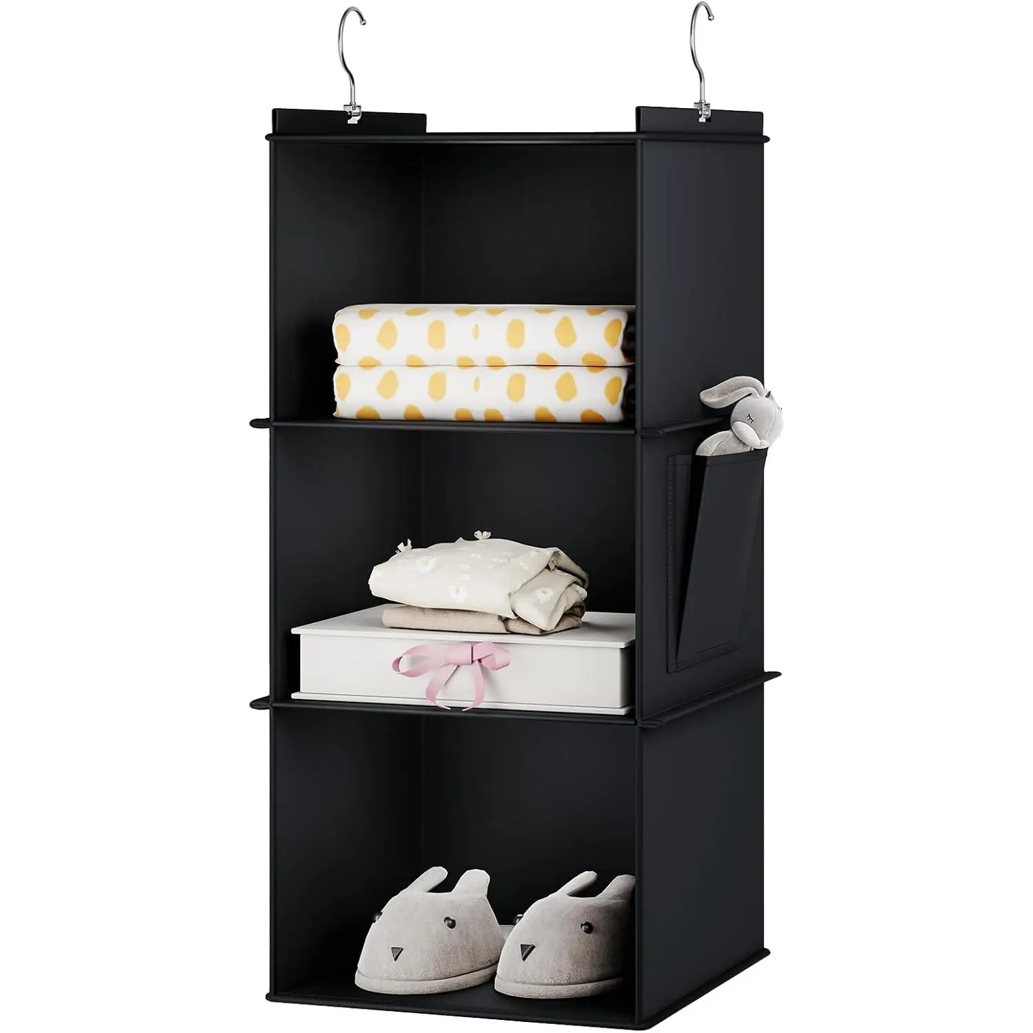 Closet Organizer and Storage for Clothes, 3-Shelf, Black | Locker/RV/Camper Organizer, Side Pocket,  Shelves for Small Closet, Dorm Room Essentials for Guys, Breathable Fabric
