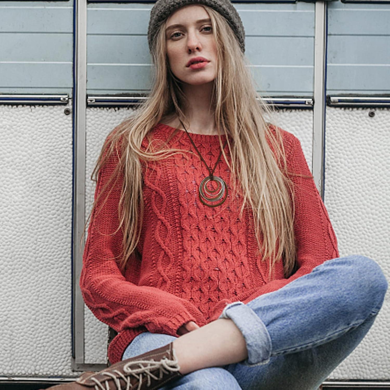 6PCS Boho Layered Long Necklaces for Women | Vintage Wooden Pendant Set | Trendy Dragonfly & Tree of Life Jewelry