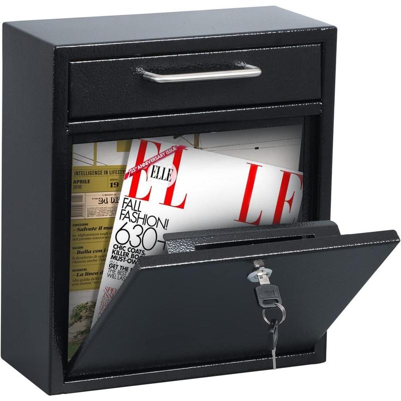 Steel Mailbox Wall Mount, Medium Locking Mailbox with Key Lock, Lock Mail Boxes for Outside,  Key Drop Box, Collection Boxes, 13.4H x 11.6L x 5.6W Inches, Black, Large