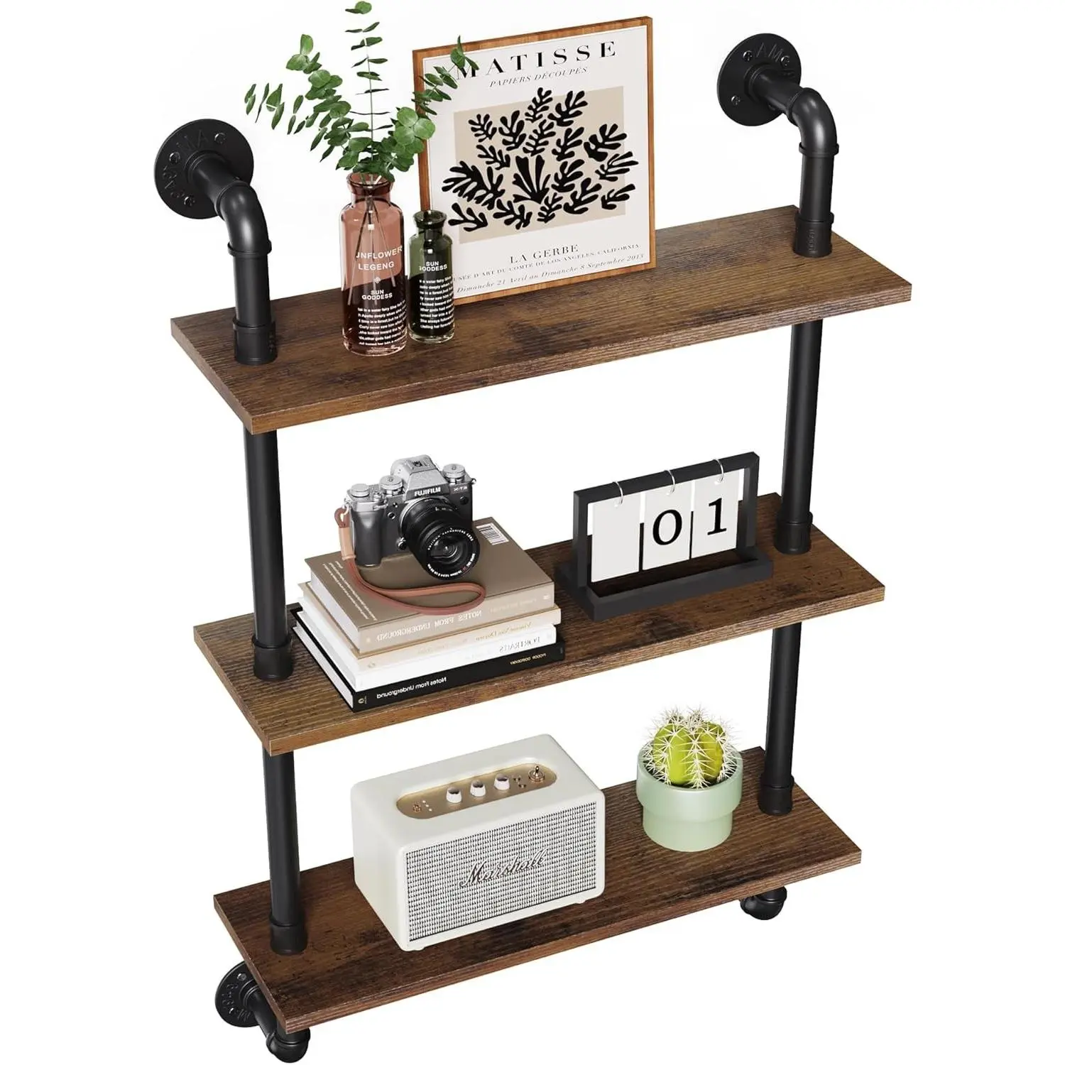 24" Industrial Floating Shelves, Pipe Shelves for Wall, 3 Tier Rustic Wood Wall Shelves for Home Décor, Bedroom, Living Room, Bathroom…