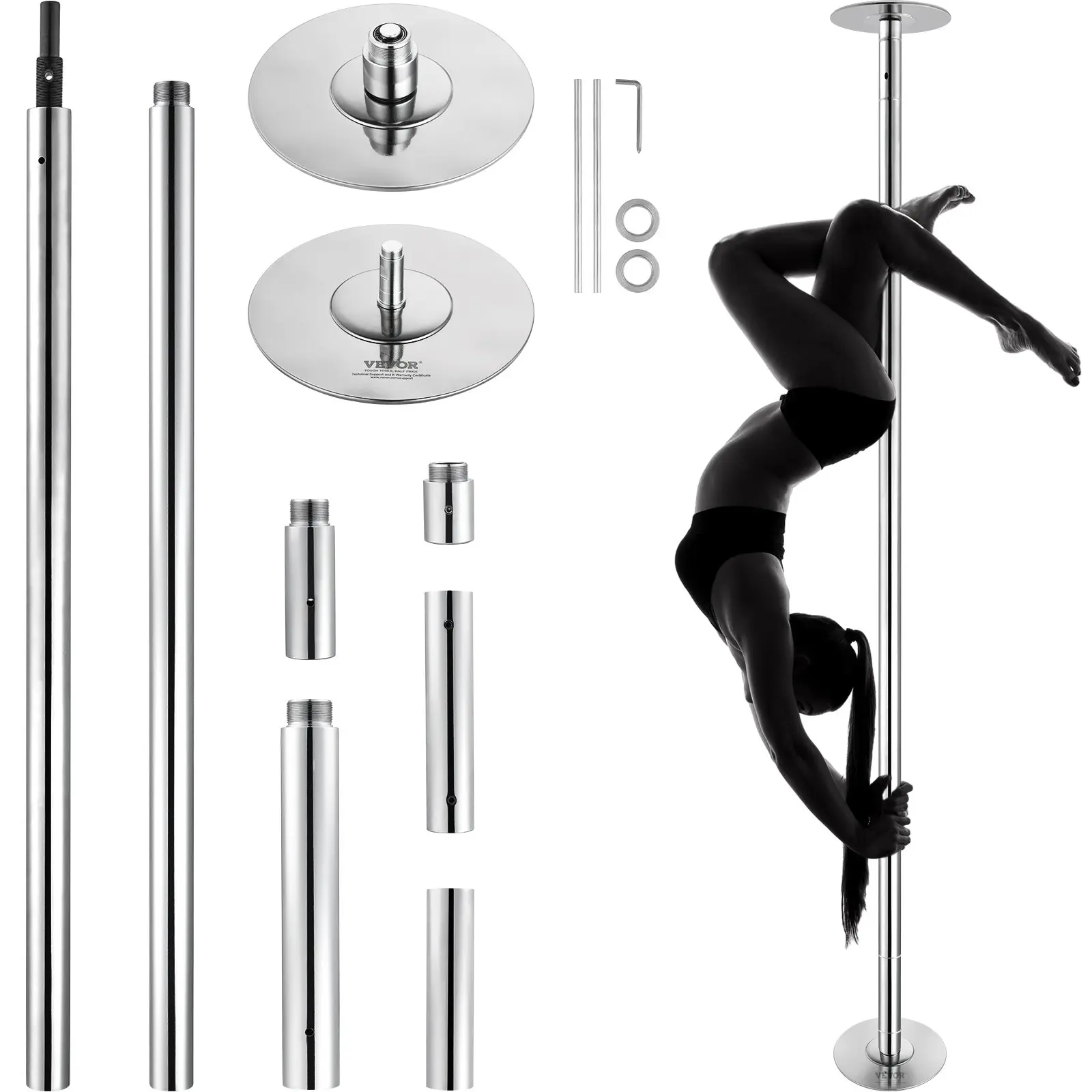 【DealsForYouDays】VEVOR Professional Dancing Pole, Spinning Static Dancing Pole Kit, Portable Removable Pole, 45mm Heavy-Duty Stainless Steel Pole, Height Adjustable Fitness Pole, for Exercise Home Club Gym, Silver