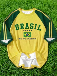 Polyester Men's Retro Brazil Flag Raglan Short Sleeve T-Shirt, Yellow Green Color Block Crew Neck Tee With BRASIL Rio De Janeiro Star Print, Loose Vintage Soccer Casual Top For Game Day Summer Street Outfits