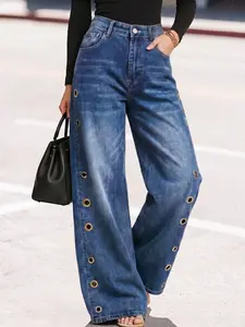 Women's High Waist Dark Wash Wide Leg Baggy Jeans, Side Metal Eyelets Decoration, Long Jean Pants, Fashionable and Comfortable