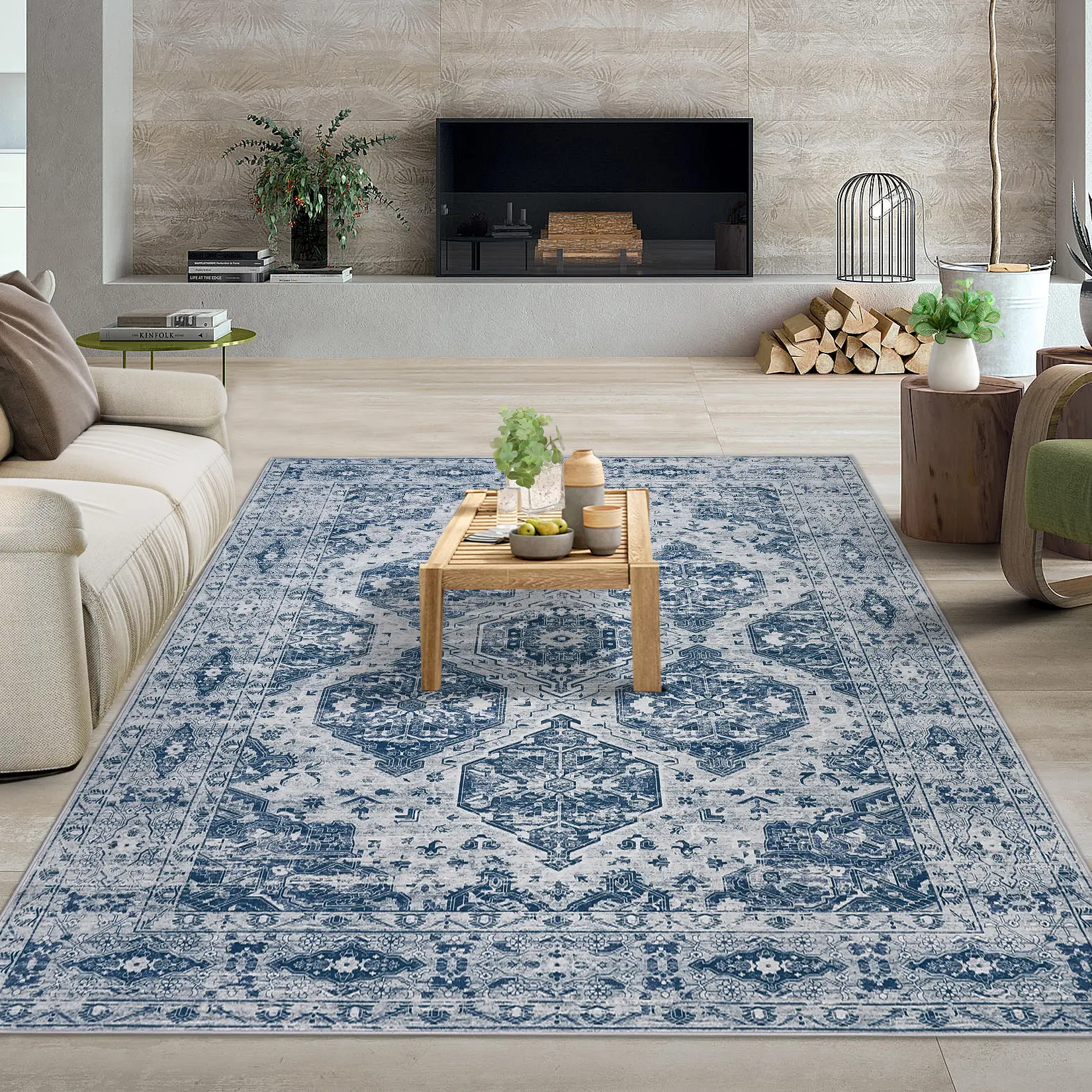 Ultra-Thin Vintage Area Rug - Irregular Medallion, Non-Slip, Floral Design - Low Pile Carpet for Living Room, Bedroom, Dining Room, Farmhouse Decor - Dark Green, USA, 5x7ft (152x213cm)