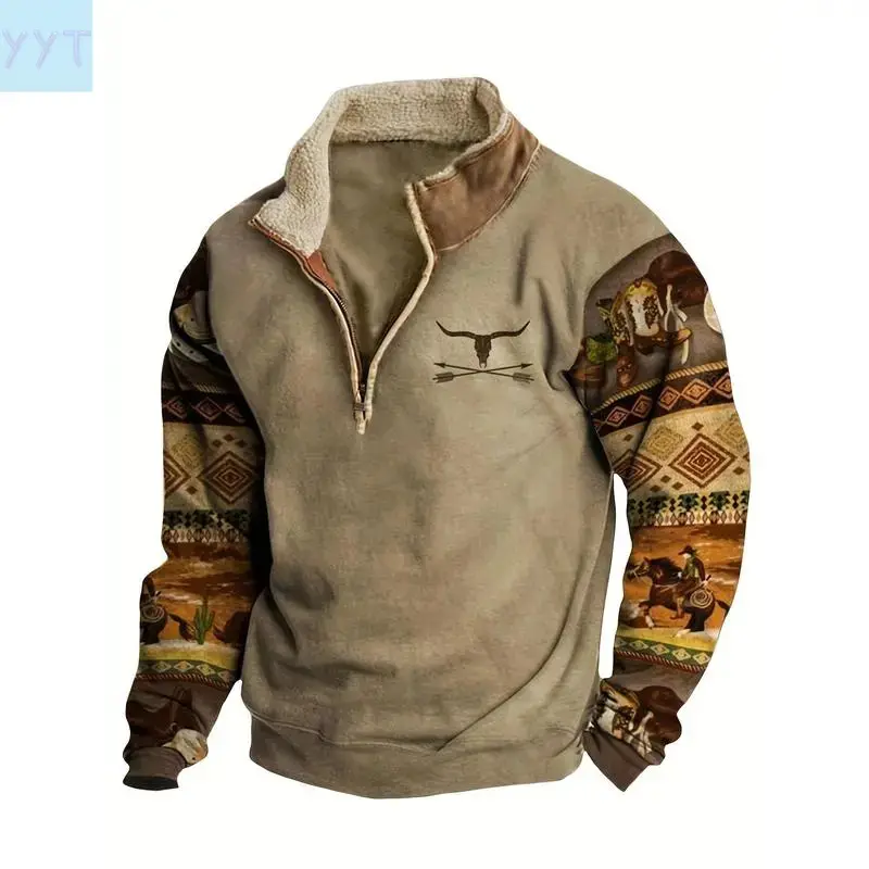 YYT1 Men's Western Retro Polyester Sweatshirt - Printed Design, Zipper Lapel, Stylish Casual Long-Sleeve Hoodie, Polyester Clothes, Casual Wear