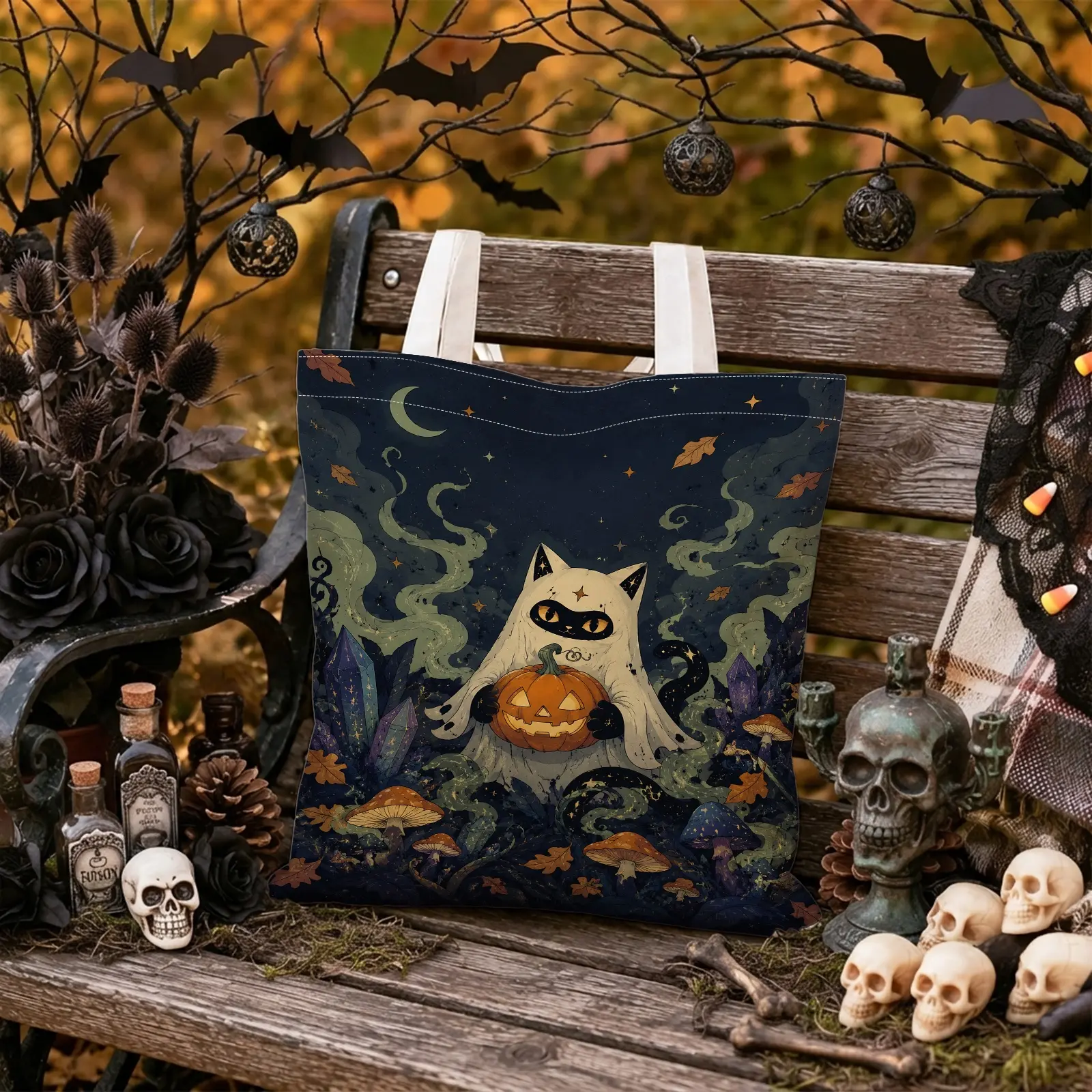 1pc Ghost Cat Pumpkin & Mushroom Canvas Tote Bag, Cute Halloween Style, for Women, Girls and Cat Lovers, Shopping, School, Halloween Party and Daily Use, Halloween Gift and Festival Gift