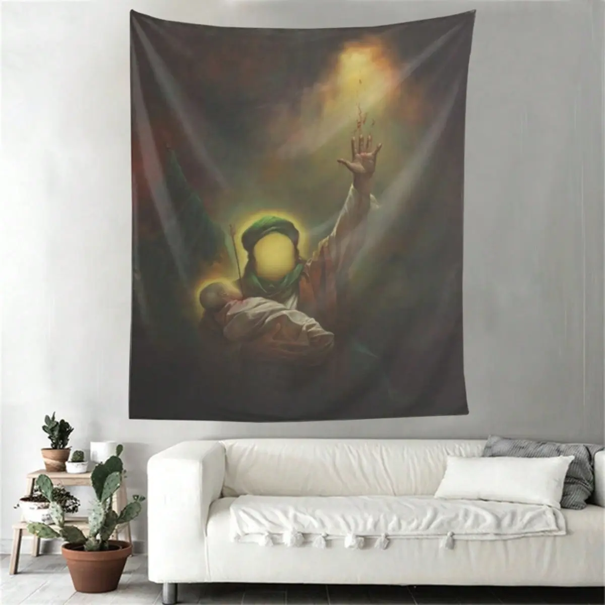 Imam Hussain Holding Ali Asghar on Ashura Tapestry - Vibrant Portrait Wall Hanging, Peach Skin Velvet Fabric, Easy to Hang, Perfect for Living Room, Bedroom, or Office Decor, No Electricity Required, Islamic Wall Ar home accessories home accessories