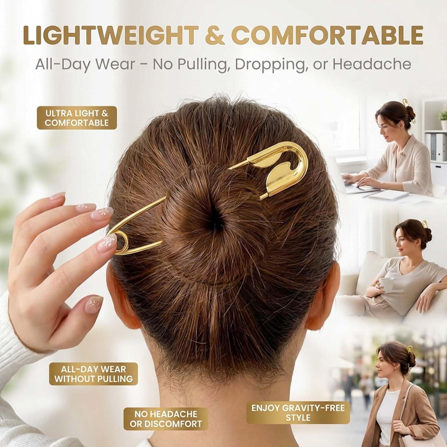 2 Pack Metal French Hair Pin for Women, Safety Pin Hair Clip for Styling, Personality & Durable Hair Pins for Buns, Updos, Twist, Professional Hair Styling Accessories（Gold-GunBlack）