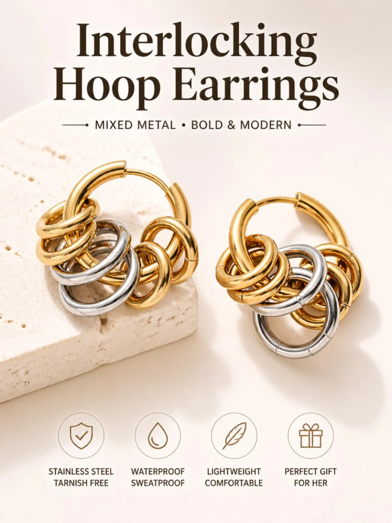 Multi Hoop Stainless Steel Waterproof Anti Tarnish Non Tarnish Huggie Hoop Earrings with Gold Tone Finish for Everyday Wear and Water Resistance