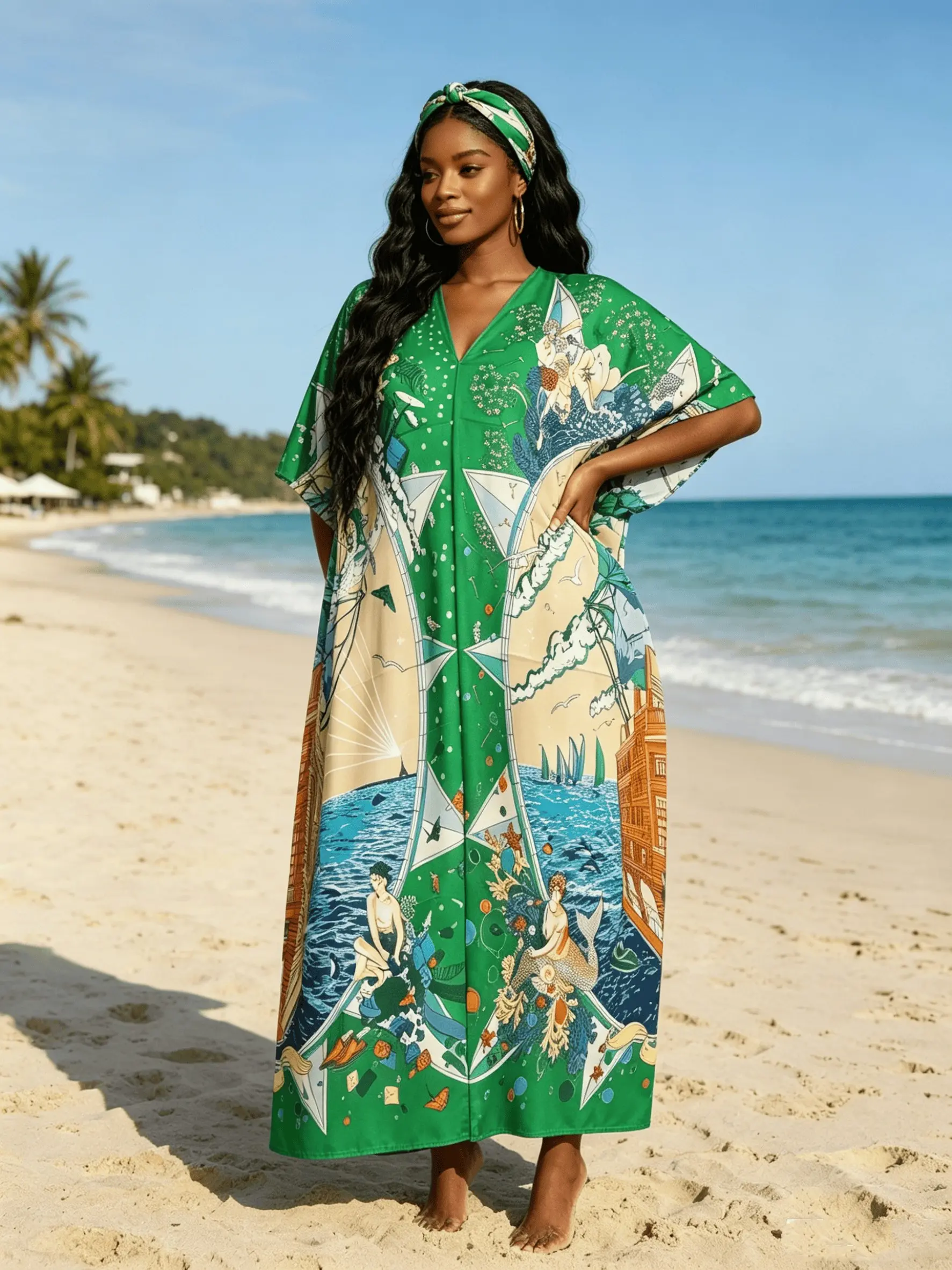 Green Coastal Seascape Print Gold Rhinestone Embellished Kaftan Dress for Women, Plus Size Muslim Abaya with Matching Headband, V Neck Batwing Split Maxi Caftan, Modest Beach Cover Up, Dubai Islamic Robe for Vacation, Eid & Evening Party