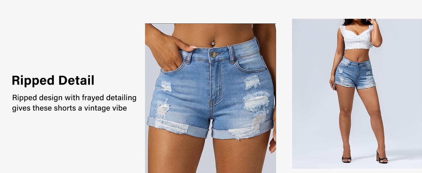 Good osierds Women's Butt Lifting Denim Shorts | Stretchy Mid Rise Ripped Jean Shorts | Distressed Cuffed Hem Hot Pants | Casual Summer Vacation Outfits | Cute Y2K Festival Concert Bottoms | Slim Fit Everyday Wear