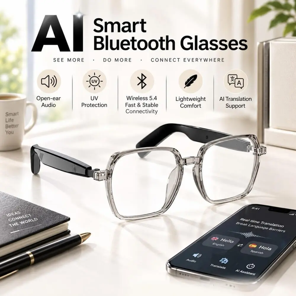 AI Bluetooth Smart Glasses, supporting multi-language app translation, music glasses, automatic detection and switching when in-ear, anti-blue light, sweat-proof, and sun protection, suitable for travel, navigation, meetings, business, and other scenarios