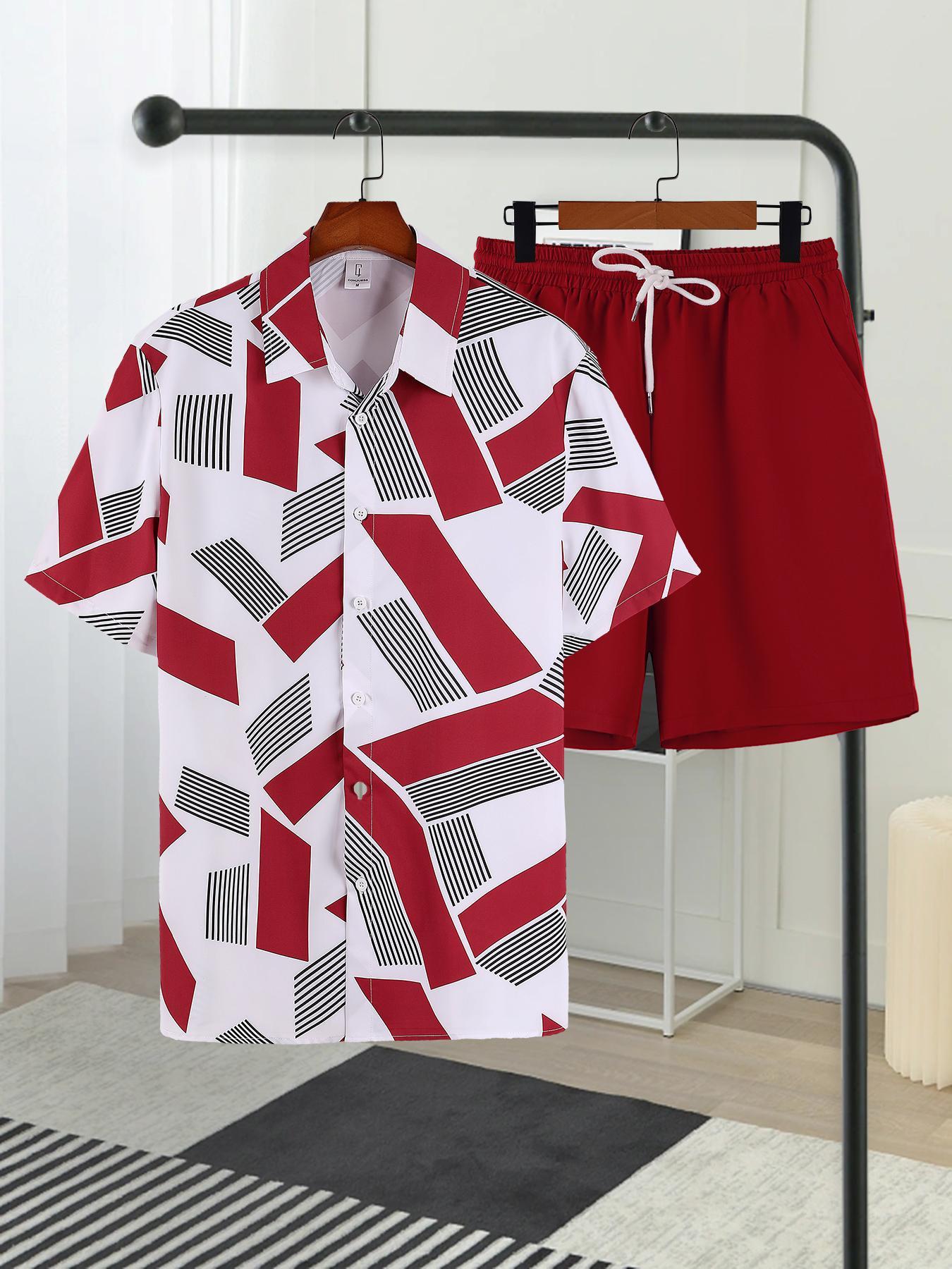 Men's Geometric Print Top & Drawstring Waist Shorts Loungewear Two-piece Set, Regular Fit Relaxed Casual Comfy Short Sleeve Top & Pocket Shorts Set, Men's Sleepwear for Summer, Pajamas