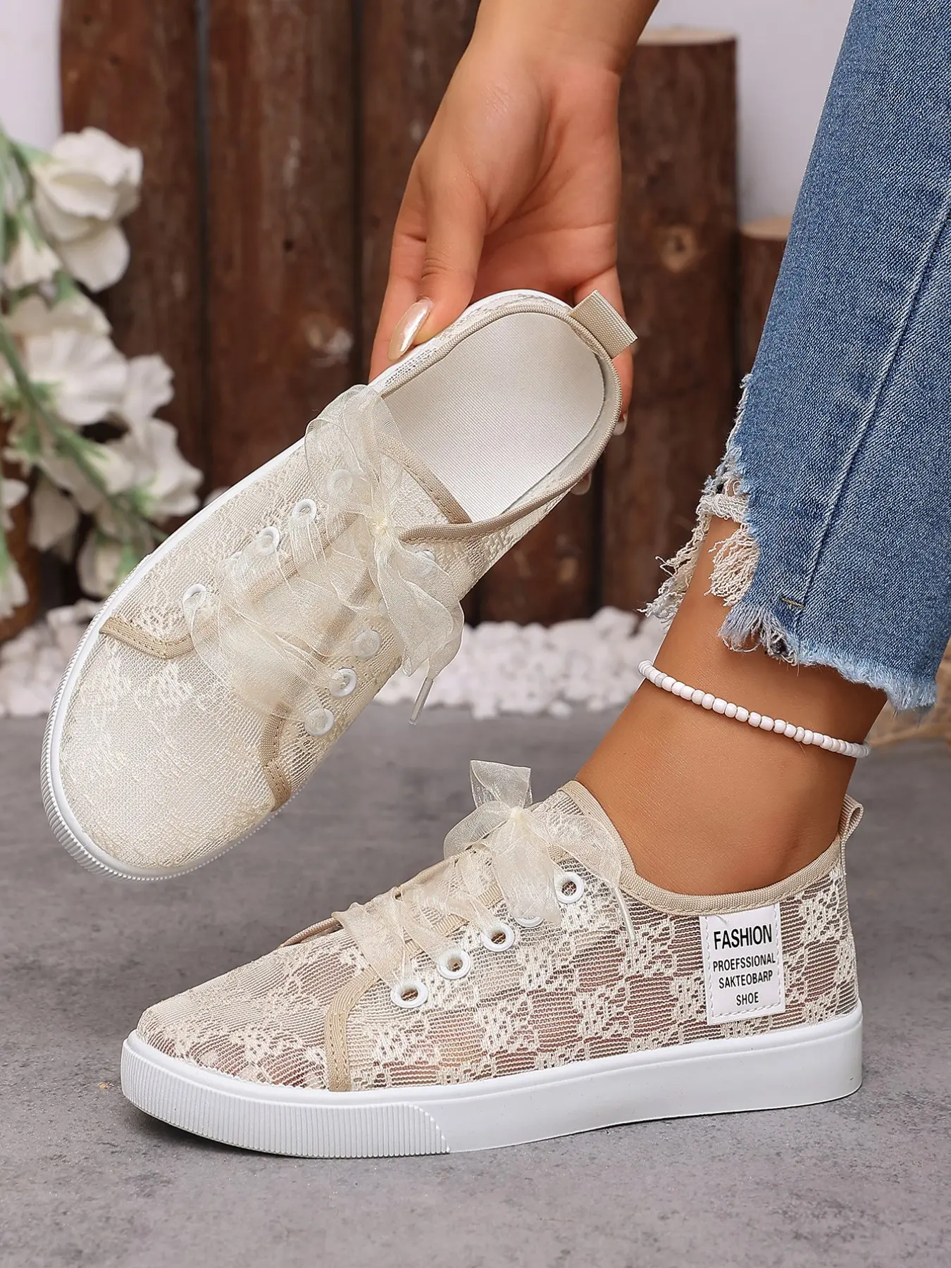 Fairy Style Lace Mesh Canvas Shoes for Women, Summer Breathable Ribbon Tie Flat Casual Sneakers, Comfortable and Stylish Footwear