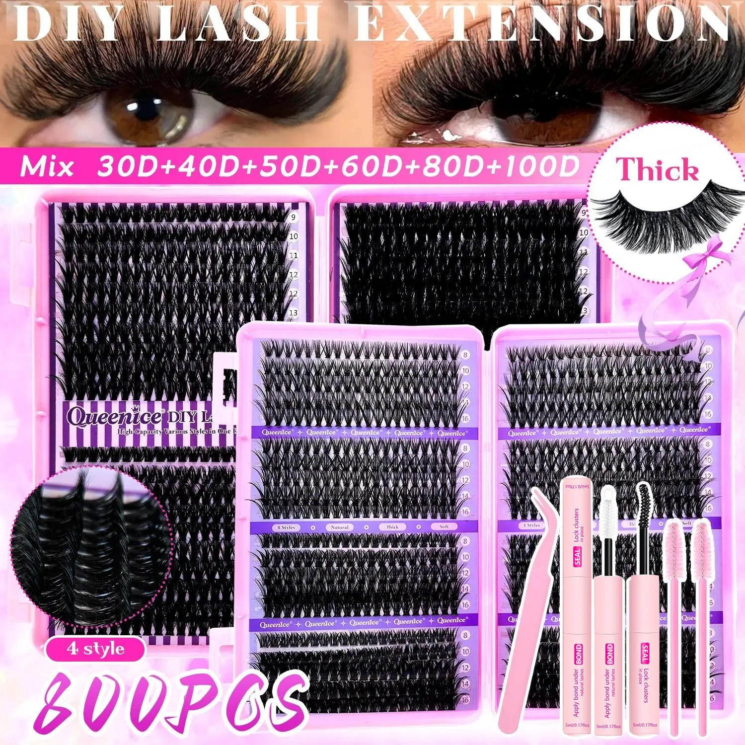 Eyelash Extensions Kit with 800pcs Lash Clusters, 2-In-1 Lash Bond, Tweezers, Lash Brush, Mixed D Curl, Reusable for Beginners, DIY Cluster Lashes Includes Lash Tools