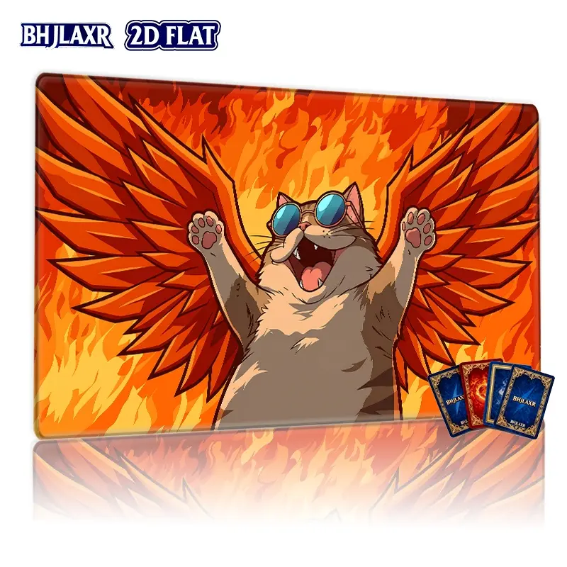 1Pc 2D Flat 14x24inch TCG Battle Mat Fantasy Winged Cat Pattern Play Mat, HD Digital Printing, Non-Slip Rubber Base, Stitched Edges, Compatible with TCG/CCG Card Games, Cool Gaming Desk Mat For Card Battle Table Desktop Decor