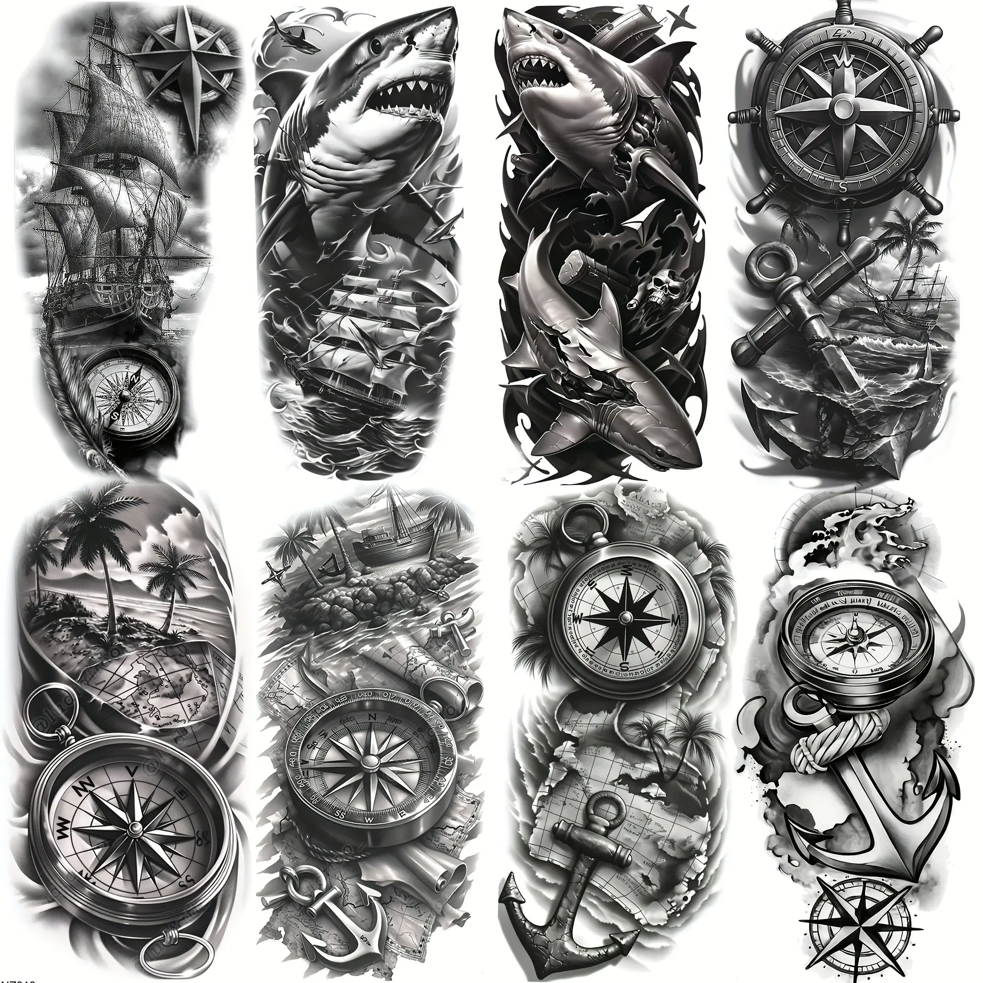 8 Sheets Creative Pirate Ship Compass Anchor Temporary Tattoos, Long Lasting Waterproof Fake Tattoo Stickers for Men Women Adults, Arm Temporary Tattoos