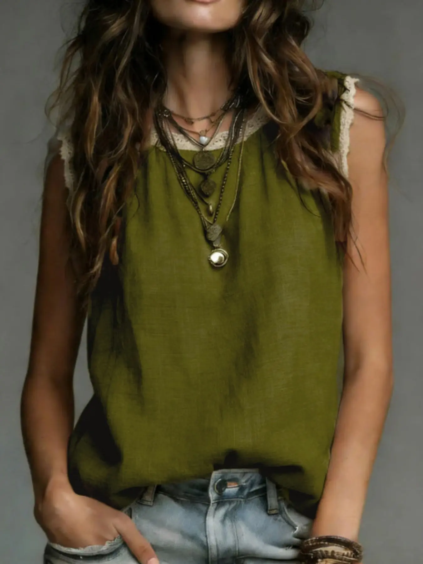 Boho Style Casual Women's Tank Top, Breathable Loose Fit Vintage Lace Trim Sleeveless T-Shirt, Summer Slimming Conceal Fat Versatile Outerwear, Breathable Tank Tops