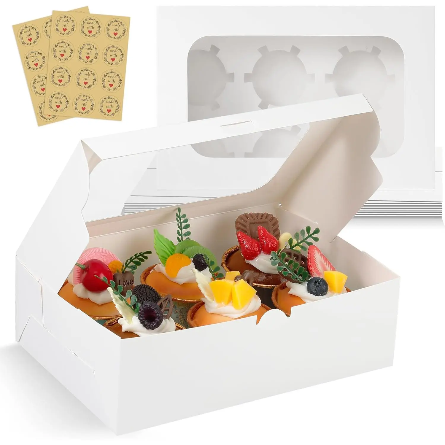 White Cupcake Boxes Holds 6 Standard Cupcake Container,50 Packs,Pastry and Bakery,9.4x6.1x3.14Inches Cookie Boxes with Window and Six  Holder for Birthday Holiday Party Bakery