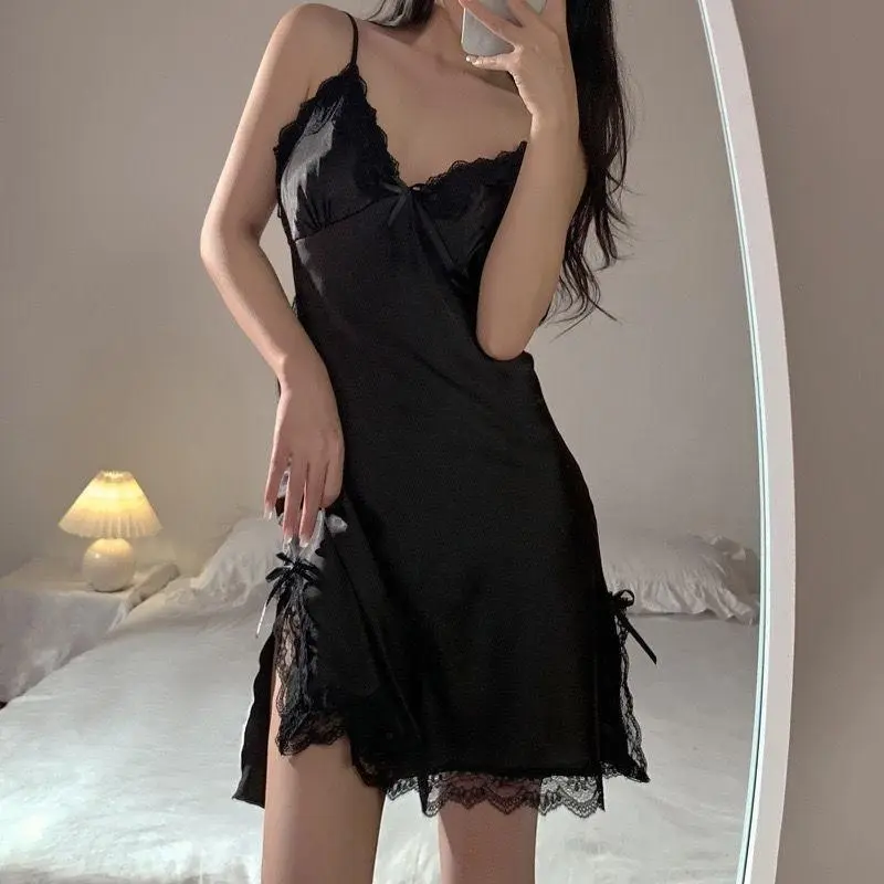 Women's Silk Satin Spaghetti Strap Nightgown - V-Neck Silky Slip Dress with Lace Trim, Adjustable Straps, Side Slit, Breathable Smooth Fabric, Feminine Fit Lightweight Year-Round Loungewear (Sports & Outdoor Accessories Complement)