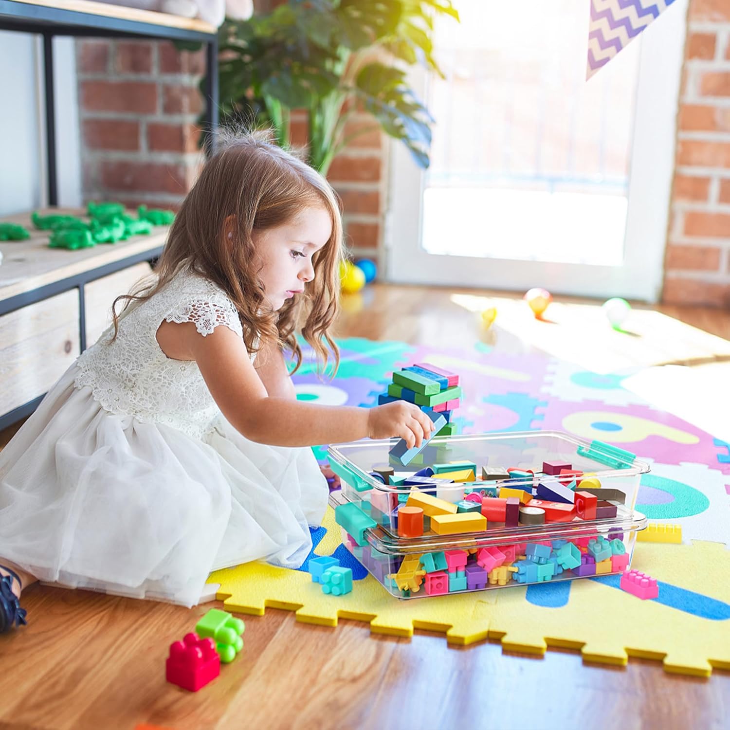 6 Qt Plastic Storage Bins with Lids, Clear Sensory Bins, Arts Crafts Organizers and Storage, Stackable Containers for Home Office and School Supplies, 4 Pack