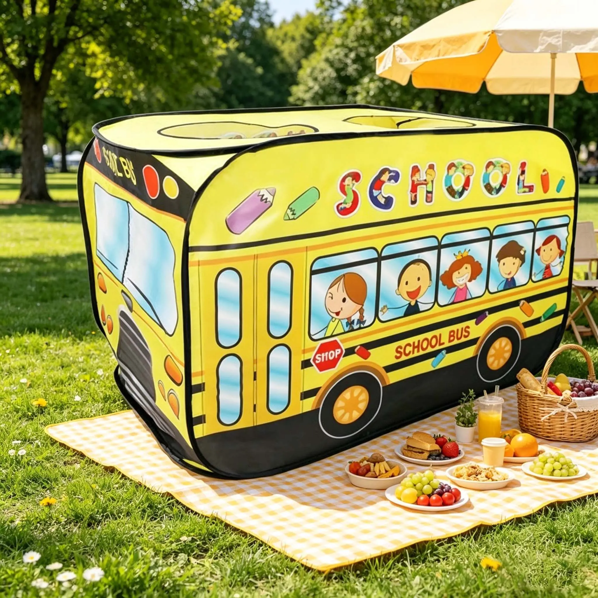 Lemon Bus Theme Kids Tent, Portable Indoor Outdoor Play Tent, Unisex Cartoon Design, Easy Setup, Perfect Gift for Boys Girls