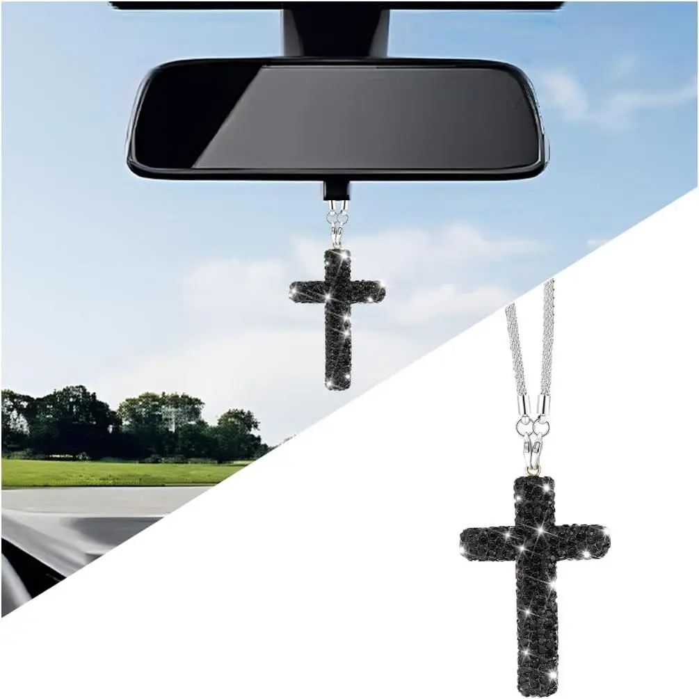 Stainless Steel Cross Bling Rhinestone Rear View Mirror Pendant Charm - Easy Install Faith Display Automotive Interior Decoration (Black)