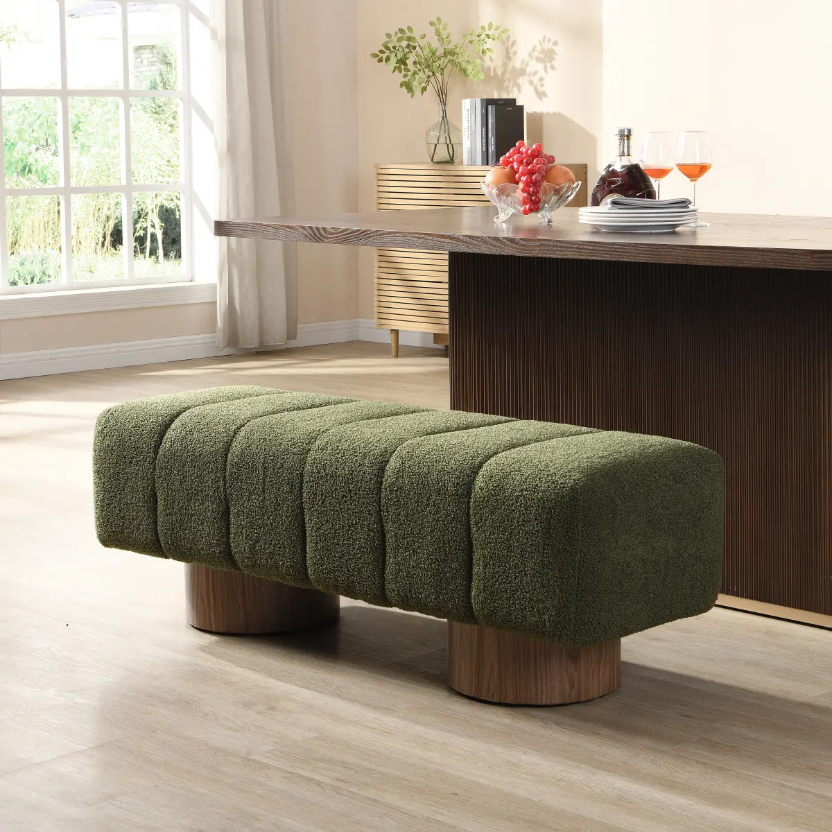 Green Boucle Upholstered Dining Bench for Family, 50"l x 16.75"w x 17"h Fully Assembled Modern Indoor Bench with MDF Legs, 300 LBS Weight Capacity for Dining Room, Bedroom Entryway, Boucle Upholstery Benches