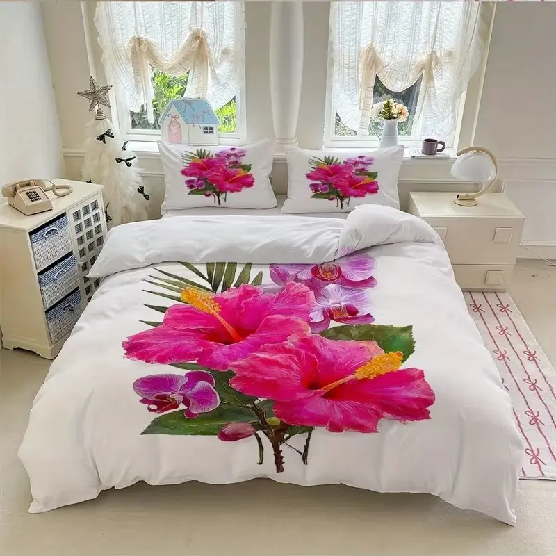 3-Piece Plant Print Bedding Set, Soft and Comfortable, Ideal for Bedroom and Guest Room, Includes 1 Duvet Cover + 2 Pillowcases, Bellflower Design
