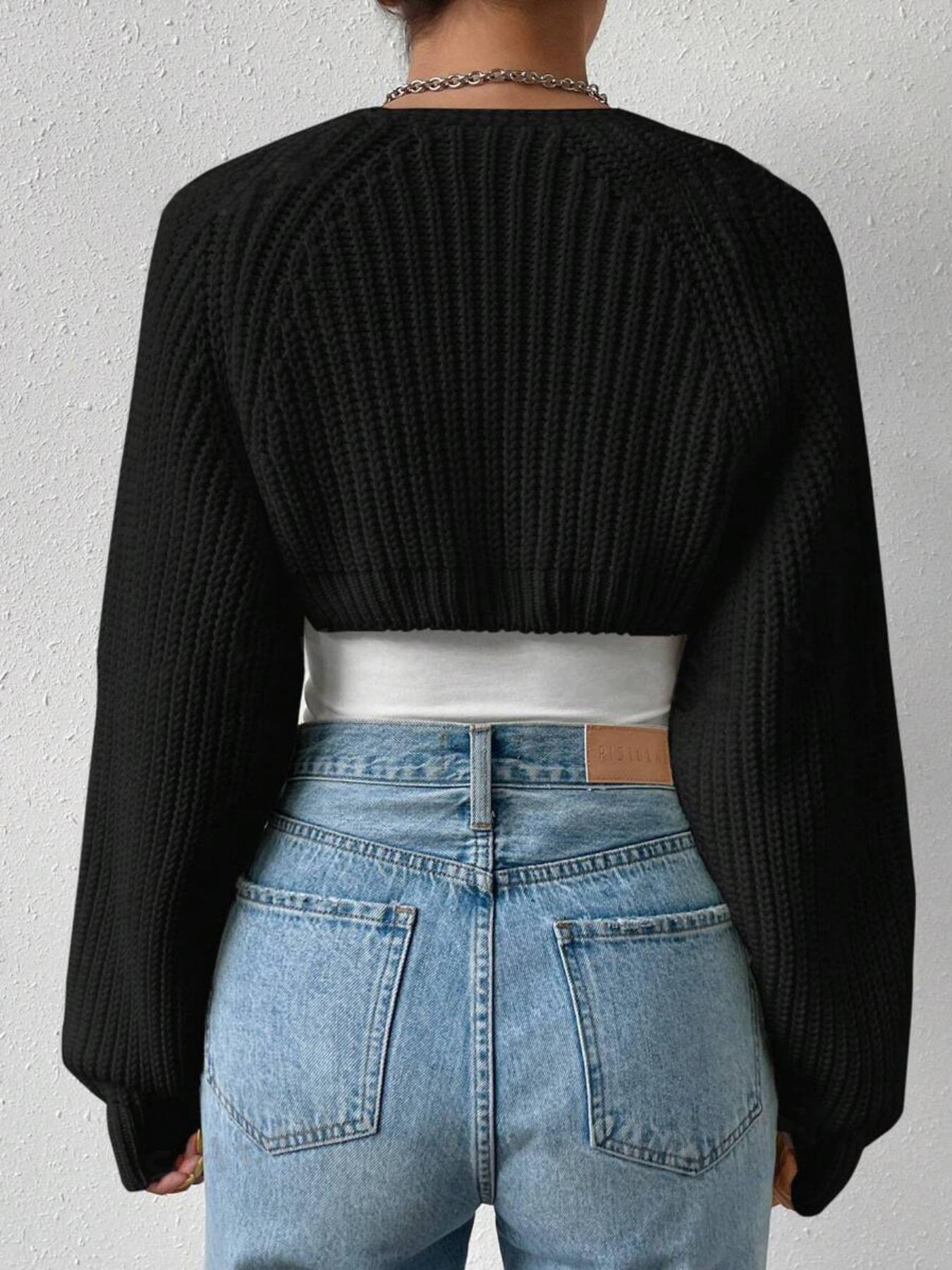 Women's Solid Raglan Sleeve Open Front Crop Shrug Cardigan, Casual Long Sleeve Knitwear for Spring & Fall, Fashion Women's Knit Clothing for Daily Wear Womenswear