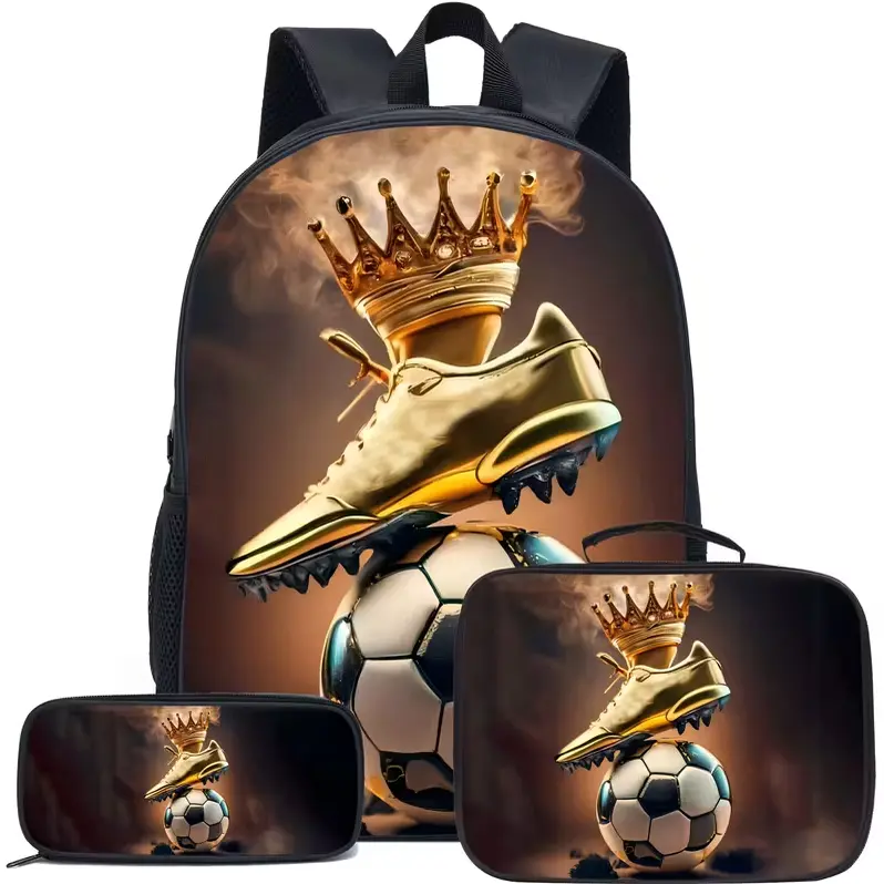 3-Piece Soccer Crown Backpack Set for Kids and Teens, Gold Cleat Football School Bookbag with Matching Lunch Bag and Pencil Case, Adjustable Straps, Sports Travel Daypack, School Book Bag for Classroom, Sports Practice, Travel and Everyday Activities
