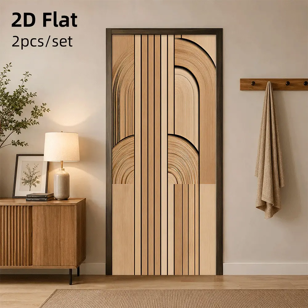 1pc Modern Minimalist Wood-Grain Door Sticker, Waterproof Self-Adhesive Removable Nordic Luxury-Style Decor, 2D Flat