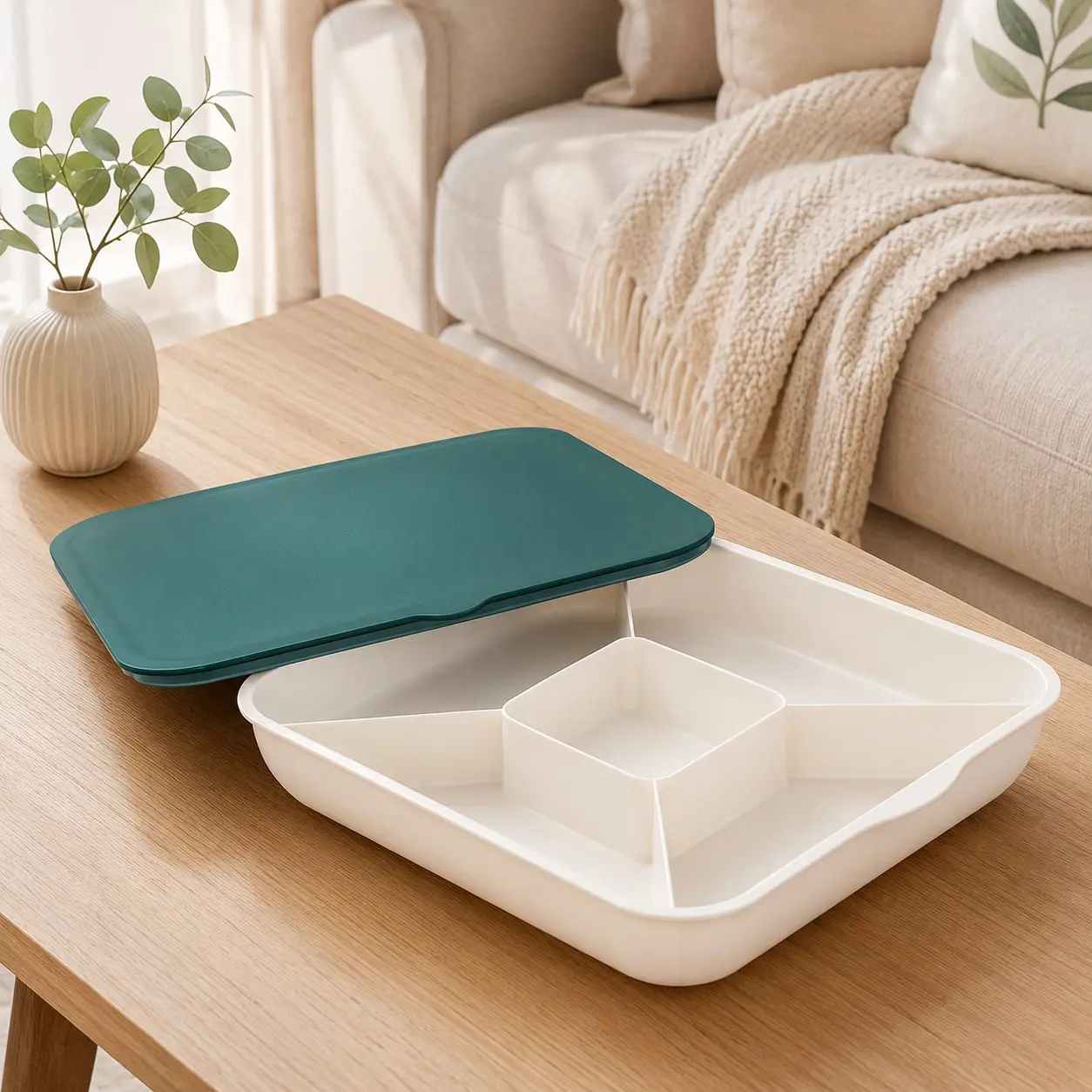 Divided Snack Box with Lid, Green Candy & Nut Organizer Serving Tray for Home, Parties and Coffee Table, 1 Pack