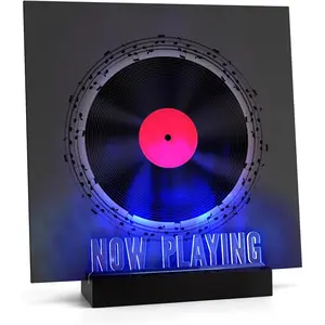 Now Playing Vinyl Record Stand,Light Up Wooden Album Display Holder with Acrylic Sign, Multi Color LED Now Spinning Hip Hop Record Wood Rack,LP Record Player Accessories Gift