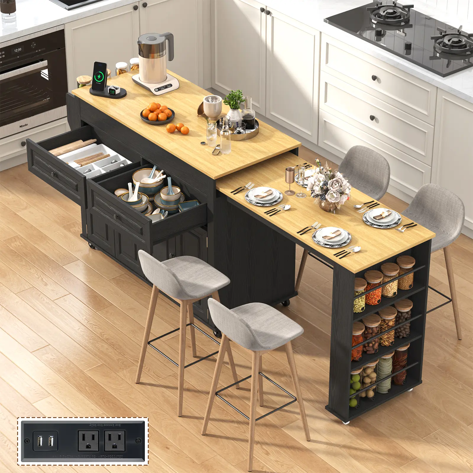 80"-48" Extendable Kitchen Island with Extended Dining Table and Power Outlet,Large Mobile Kitchen Storage Islands with 2 Storage Drawers,Rolling Islands Cart with 3 Extra Rows Open Shelves(Black/White/Marble Black/Brown/Blue) Modern Apartment Furniture