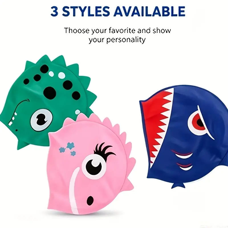 1pc Cartoon Shark Silicone Swimming Cap Waterproof Ear Protection Anti-Slip Non-Constricting High-Elastic Durable Adult Universal Swimming Hat