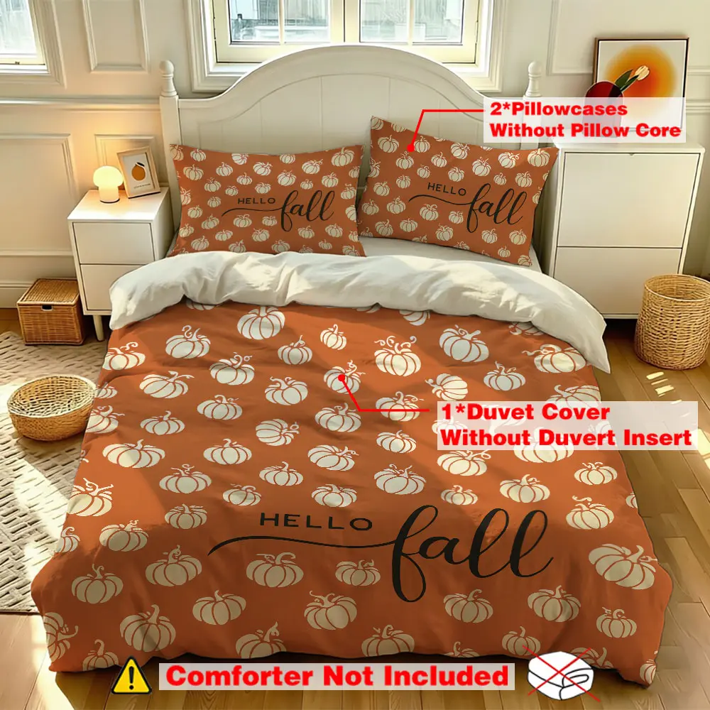 3-piece set (1 bedspread + 2 pillowcases, without a filling) with an orange pumpkin and HELLO fall slogan. This soft and comfortable bedding set is suitable for use in all rooms and throughout the year. It's perfect for room decoration and makes a