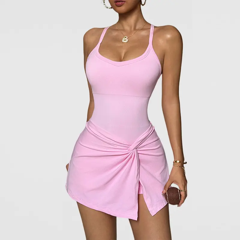 Women's Black Ribbed Tennis Dress, Sleeveless Twist Knot Bodycon Skort with Built-in Shorts for Golf & Yoga Workout, Skirts, Athletic Dress, Female, Sporty Chic, Fitted, Above The Knee, Running, Sporty Dress