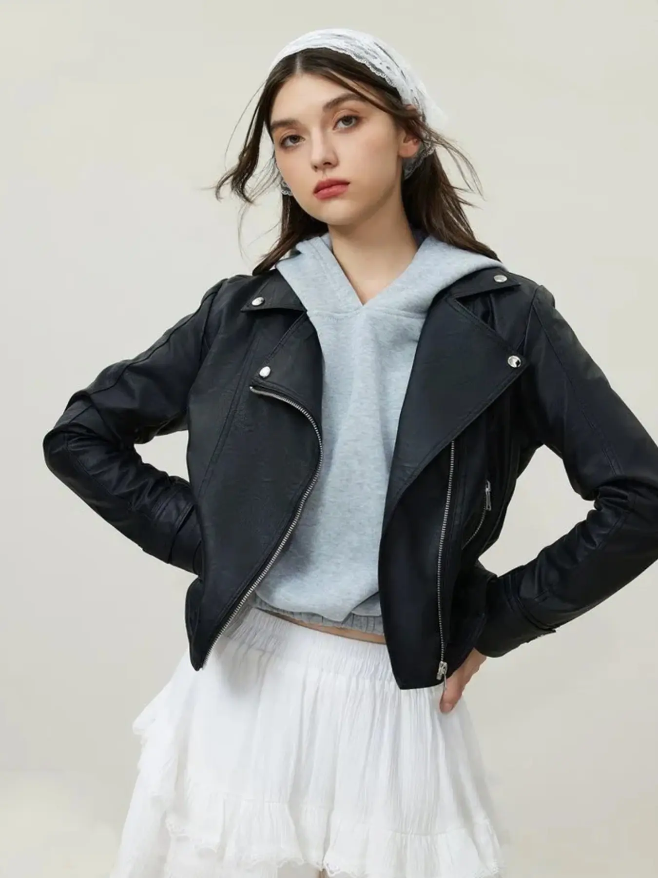 Women's Short Motorcycle Leather Jacket, Lapel Zipper Biker Coat, Vintage Faux Leather Moto Jacket, Casual Streetwear Outerwear