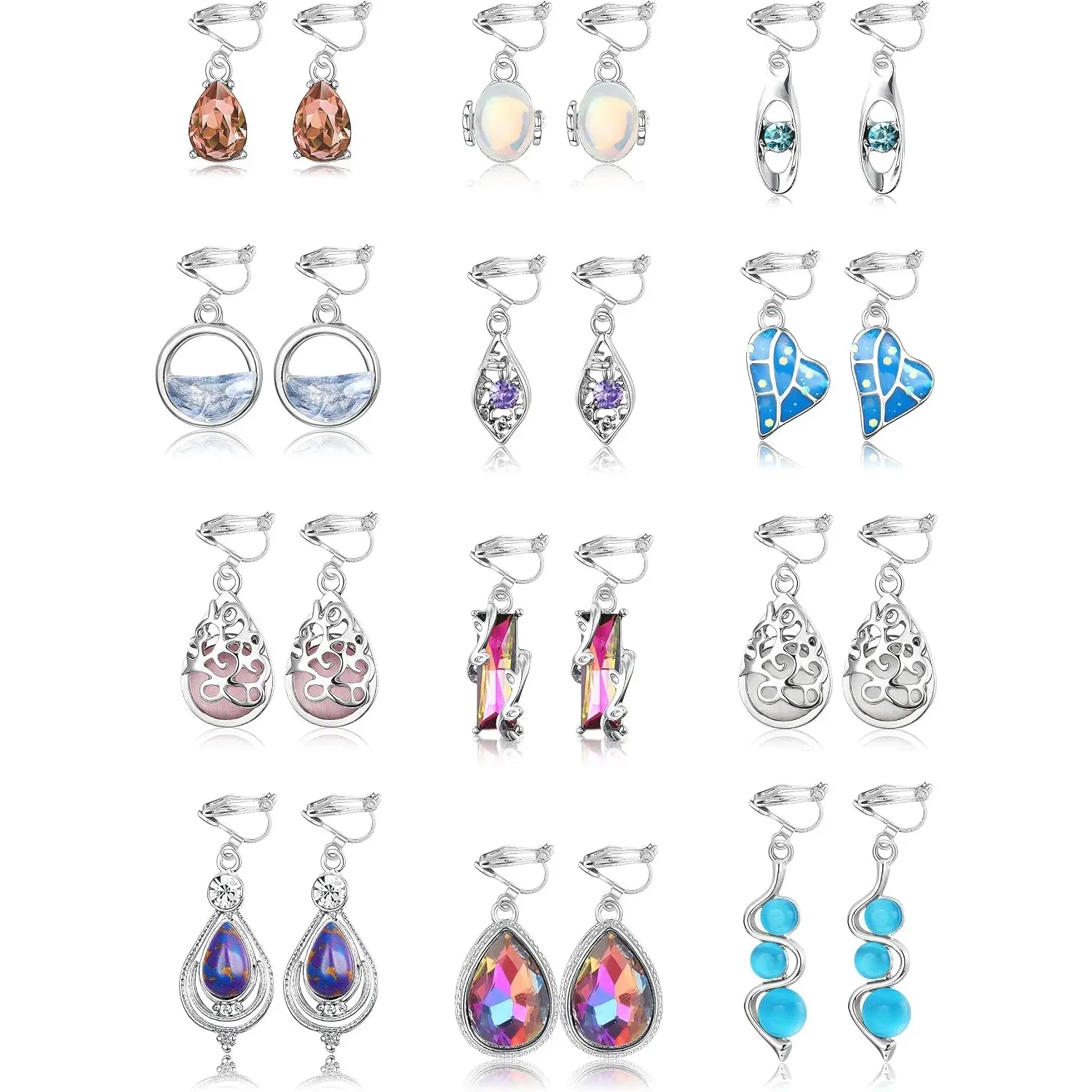 12 Pairs of Clip-On Earrings for Girls, Women's No Piercings, Earrings, Heart, Water Drops, Hypoallergenic, Hanging Earrings, Zirconia, Girls Fancy Dress Jewellery, Alloy Steel Crystal