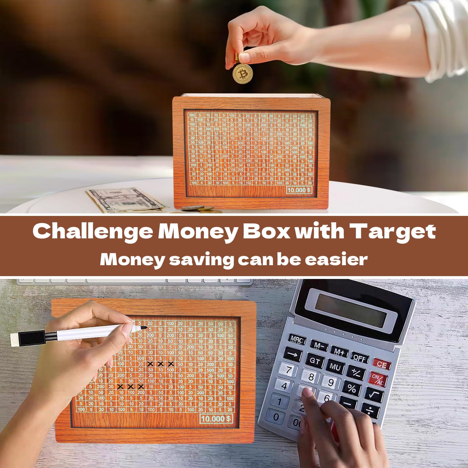 Cash Vault Wooden Savings Box, 2026 New Savings Challenge Box, Wooden Money Saving Box Money Box with Counter, Money Saver with Money 10000 Savings Target and Numbers
